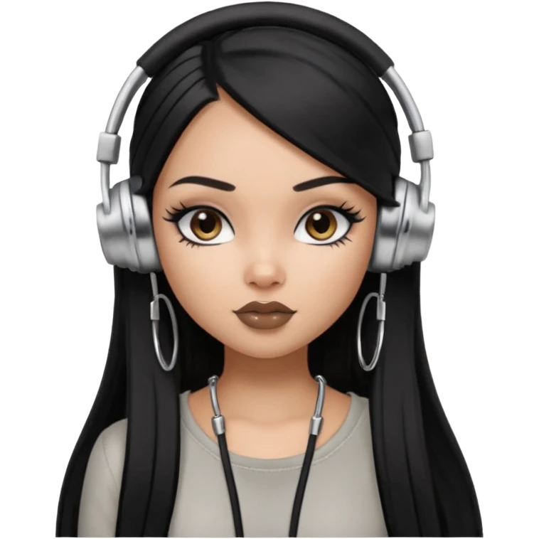 generate a pretty bratz girl with black long straight hair and silver headphones on, brown lipstick tattoo on shoulder, eyeliner on, silver hoops emoji