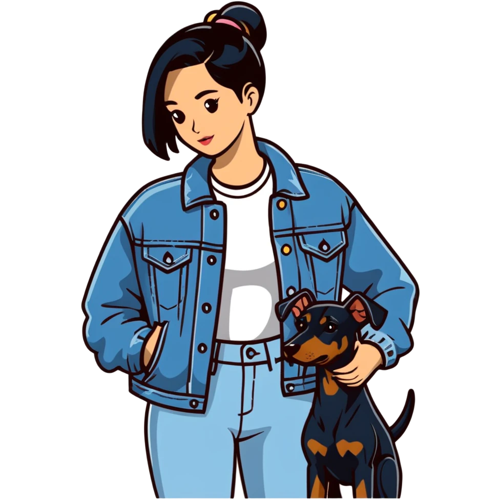 girl wearing denim jacket holding a Doberman emoji