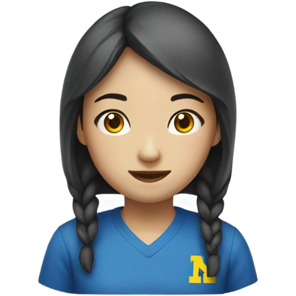 Chinese girl with mid part wearing a blue shirt that says “Michigan Crew” emoji