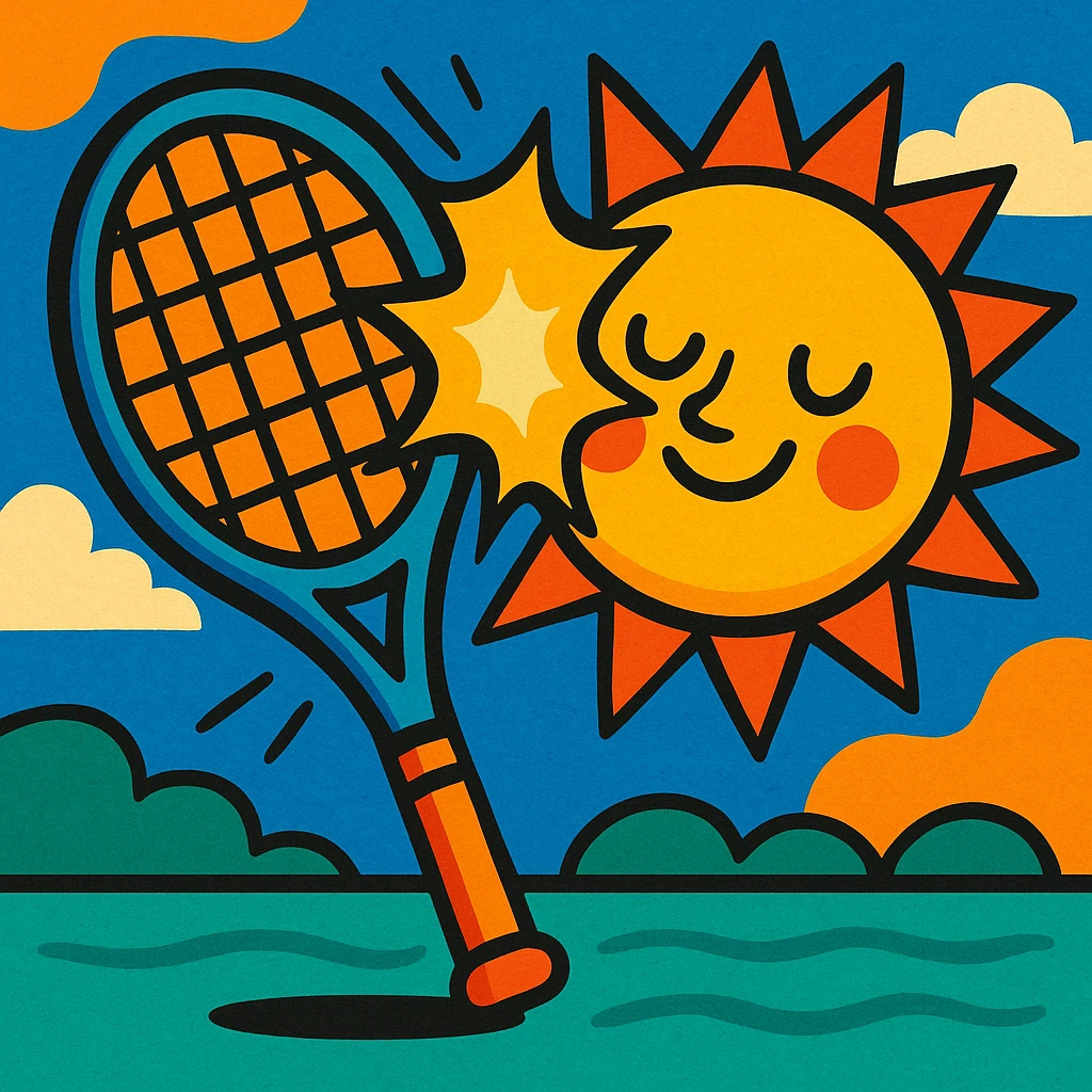 a tennis racket and sun colliding, whimsical, bold colors, vibrant cartoon style emoji