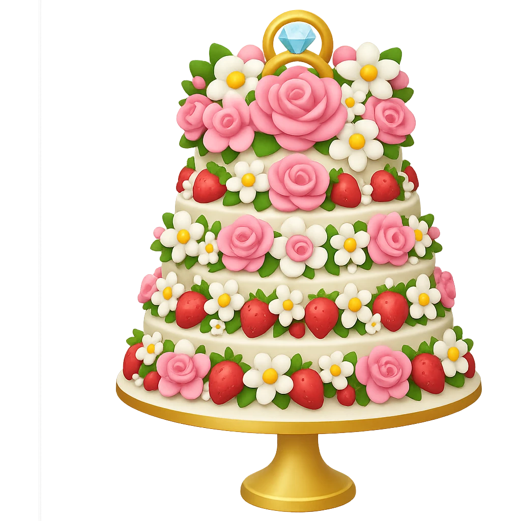 Add even more pink and white flowers to the white wedding cake with strawberries and gold ring topper in emoji style, with no background. The style should resemble emoji style with vibrant colors and simple shapes. emoji