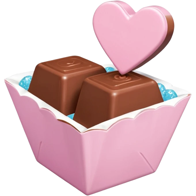 Two square milk chocolate pralines , sharp-edged glossy cubes placed diagonally side by side, each sitting in a small white fluted paper candy cup.
Flat thin pastel pink heart icing centered on top with fine sugar crystal sparkle, clean studio product lighting,  emoji