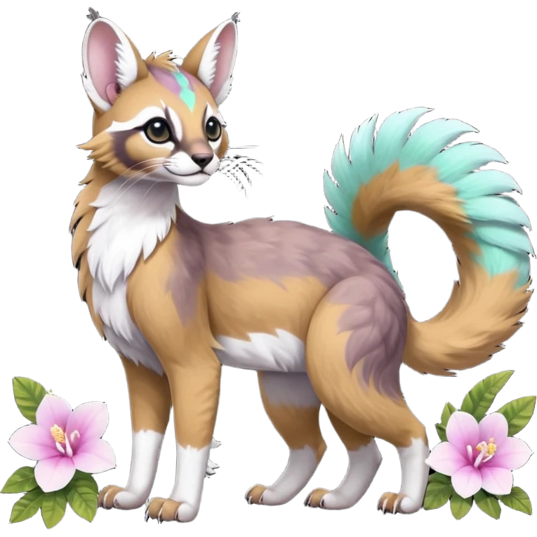 Colorful dark tropical pale light fruity pastel white glorious iridescent divine exotic cute cool beautiful beautiful fantasy-caracal-civet-genet-sergal-vernid-Gryphon-Cacomistle-Trico-oncilla-animal-Fakémon-hybrid-fursona (full body) emoji