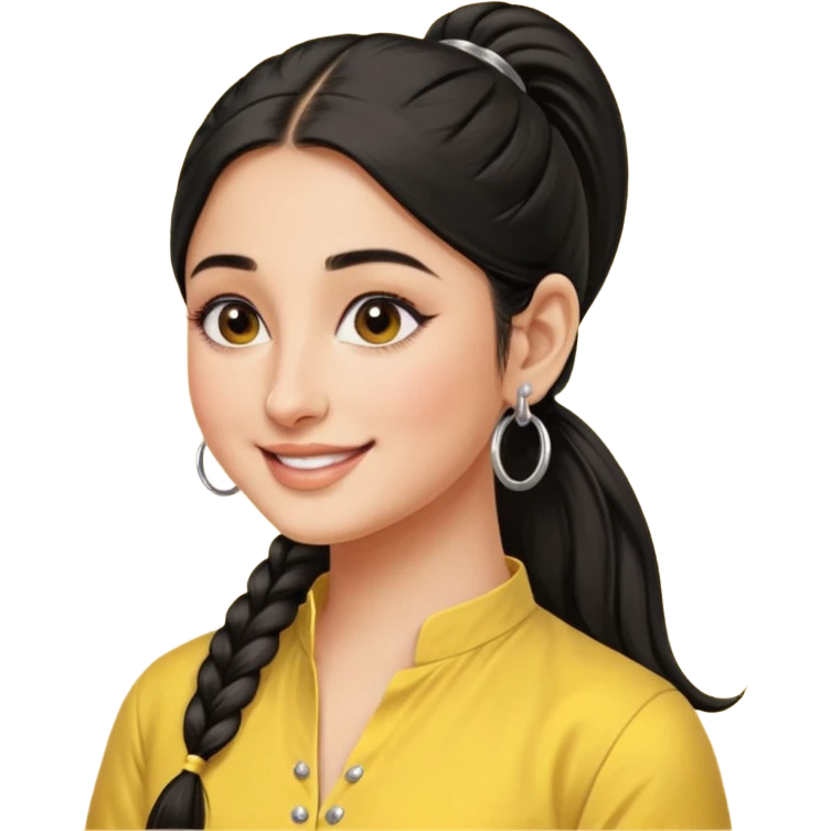 generate a pretty bratz emoji that looks like Kareena Kapoor's Geet character. 
Make her wear a yellow kurti, silver hoops, black hair in a ponytail. smiling big

She should look like Kareena Kapoor emoji