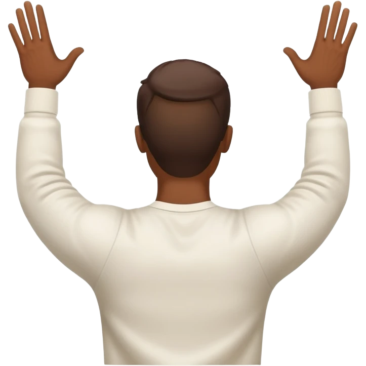 Half body brown skin guy turned around to his backside with his hands up emoji