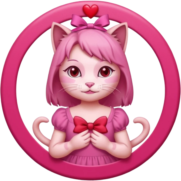 a pink cat who is doing this 🫰 and she has like red hearts around her head like a angel circle. the cat is going to have on a dark pink dress with a bow. emoji