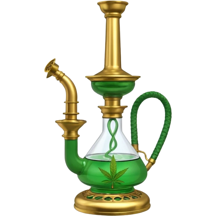 Brass hookah with green design on a glass water base and a weed banger on the top emoji