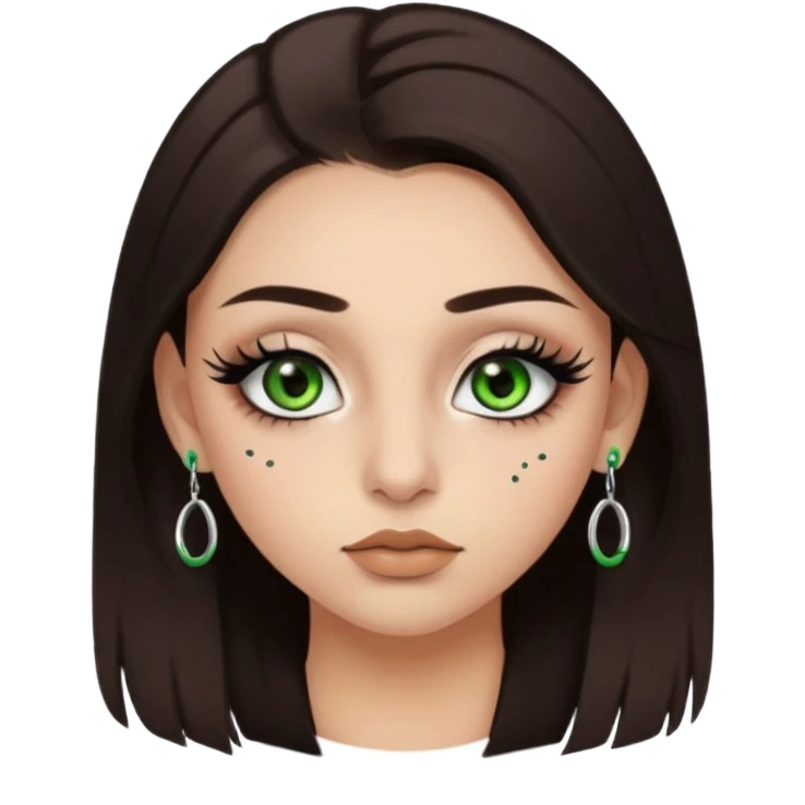 Y2k style Girl with: long, straight dark brown hair, green/ hazel eyes, nostril and septum piercing, fake eyelashes and eyeliner emoji