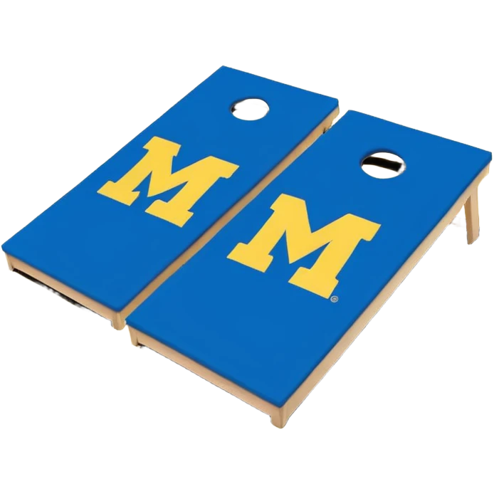 Cornhole board blue and yellow with Michigan “M” With a yellow cornhole bag emoji