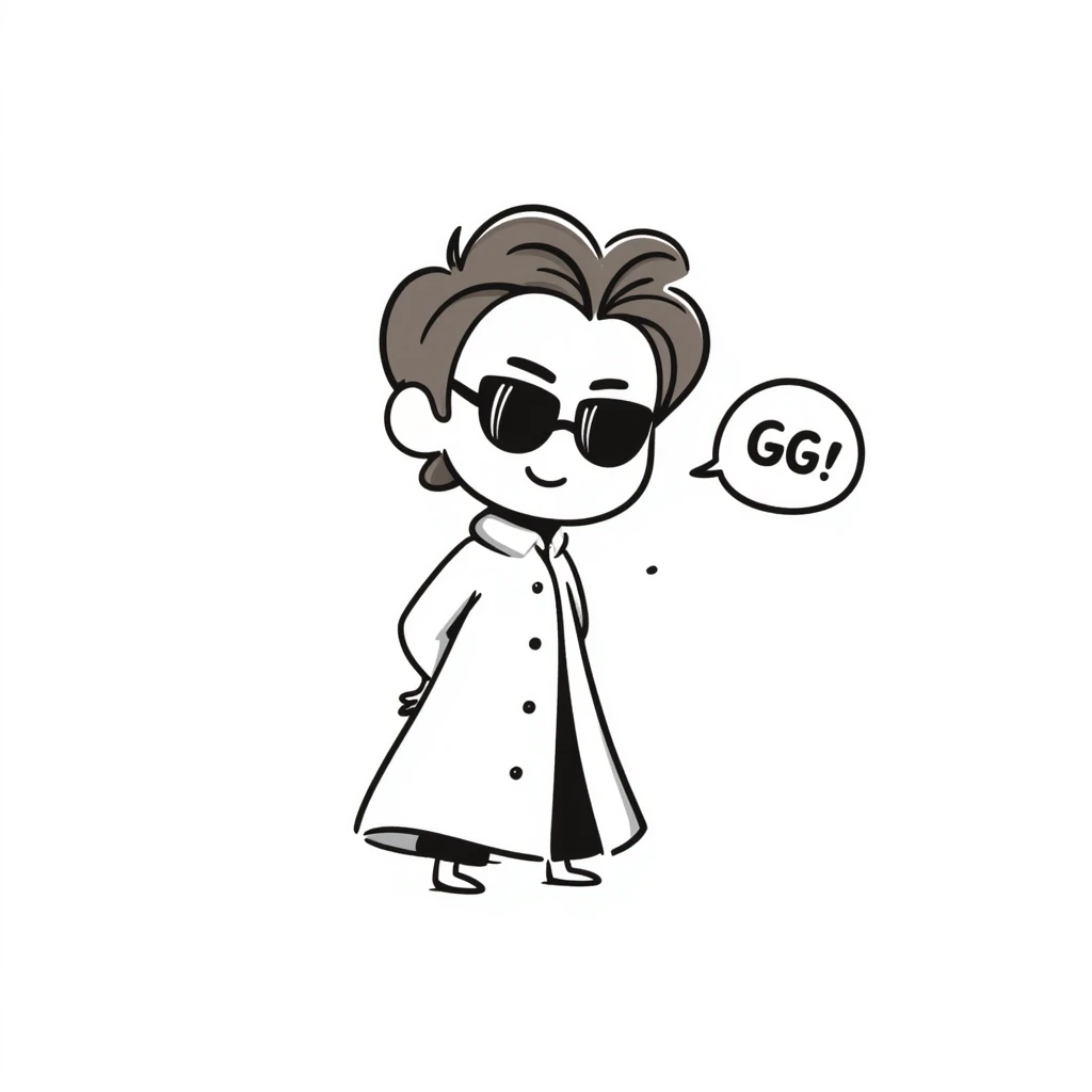 chibi Aizen from Bleach, big head, tiny body, smirking confidently, saying 'GG' in a speech bubble, iconic white captain's robe, brown slicked-back hair, glasses, hands behind back, cute and mischievous chibi style emoji