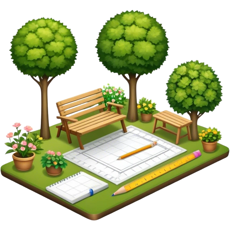 Icon for Landscape Design: a garden layout with trees, plants, pathways, and outdoor furniture, along with design tools like a ruler, pencil and sketchpad. The icon should represent the creativity and planning behind landscape design. Transparent background. emoji