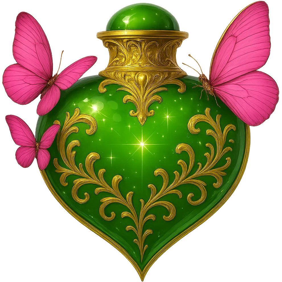 A crystal green heart-shaped bottle with golden details and pink butterflies, hanging in the air with no base or shadow. The bottom part is elegantly and seamlessly connected, with a transparent background. The design remains crystal clear and elegant, with no additional elements. emoji