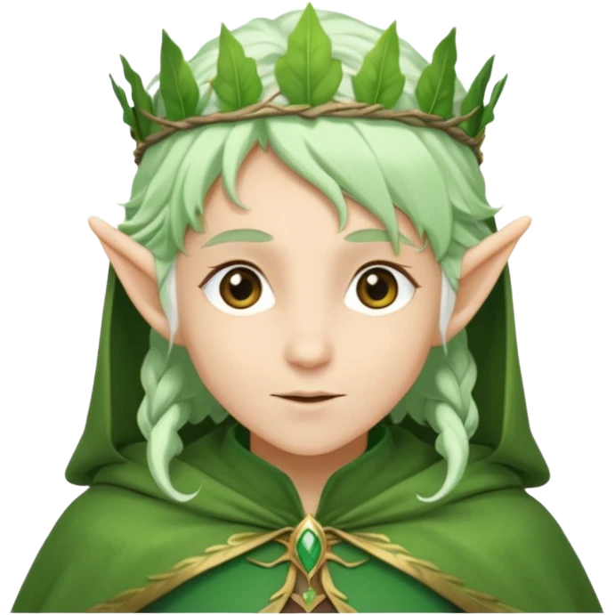 Forest Elf – elegant green-skinned elf with leaf crown and cloak, white hair emoji