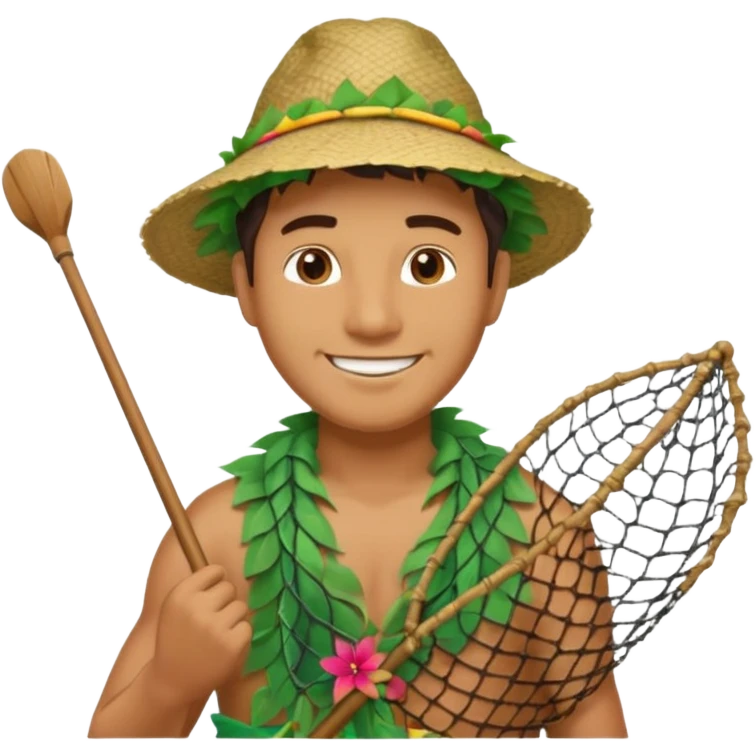 Hawaiian man with leaf hat and big fishing net and colorful cloth emoji