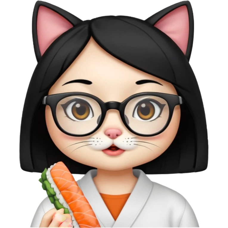 cute girl cat with straight hair and really big square glasses with super thin frames eating sushi emoji