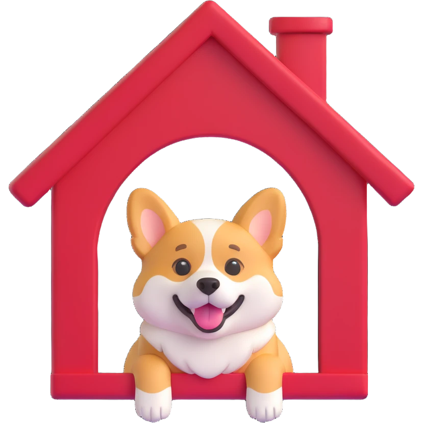 red dog house with a Corgi dog peeking out, 3D emoji style emoji