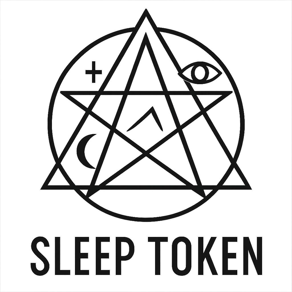 geometric Sleep Token logo with subtle occult symbols, modern style, black and white emoji