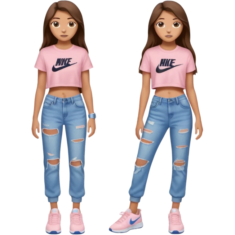 preppy teenage girl, tan, less blonde highlights, brown long hair, long eyelashes, beach aesthetic, wearing cute clothes, wearing ripped blue long baggy jeans with a light pink sexy crop top, wearing Nike shoes, very sexy, very long eyelashes, very pretty emoji