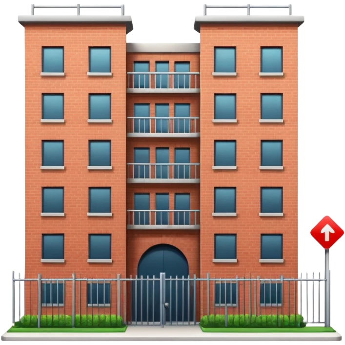 9-story apartment building surrounded by fence, closed courtyard, minimal flat vector icon emoji