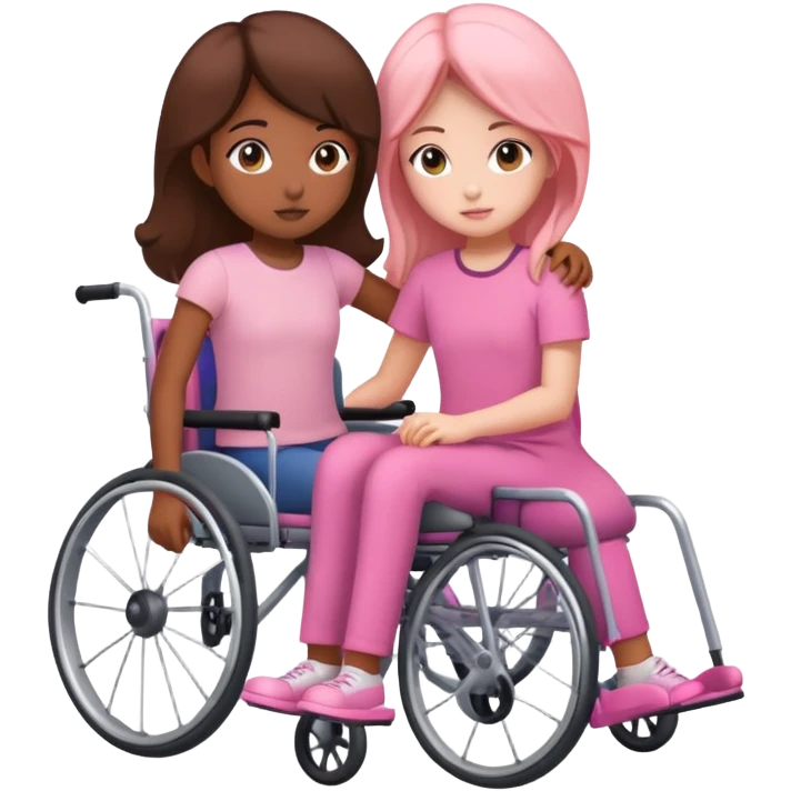 One peach skin sister pushing her brown skin sister in a pink wheelchair emoji