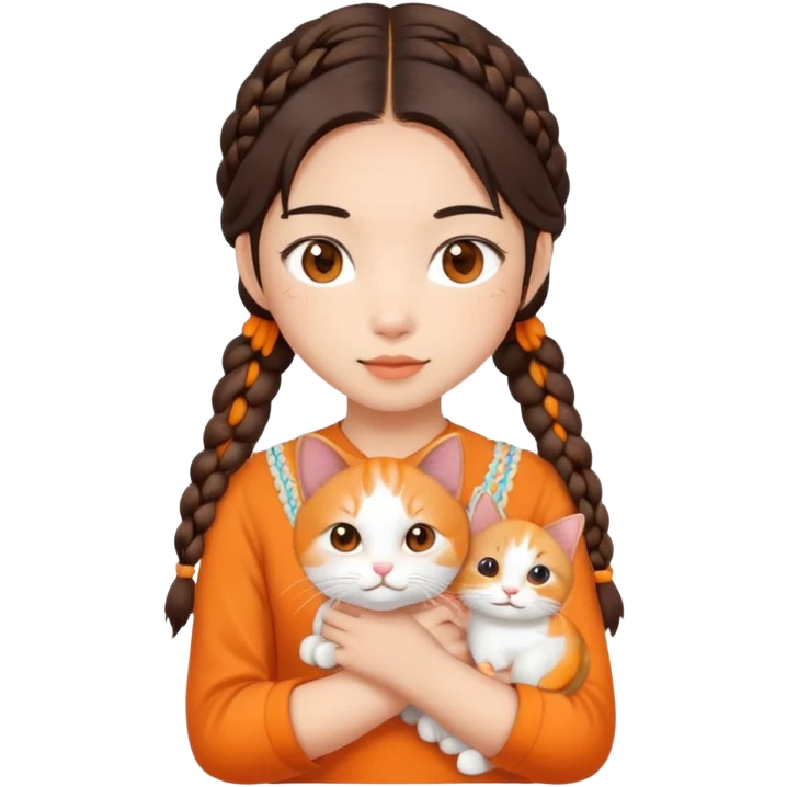 brunette asian girl with 2 braids holding a orange & white cat emoji