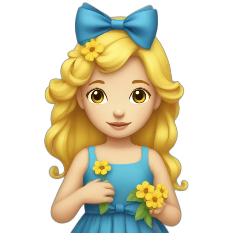 beautiful little girl with yellow hair and a blue bow on her head in a blue dress with yellow flowers in her hands emoji