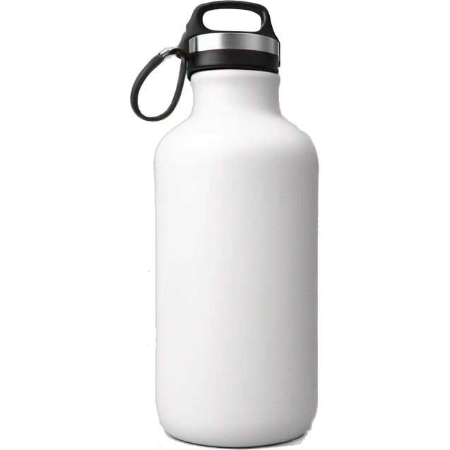 white water bottle with a rounded white lid,It has a flexible white handle strap that is secured by stainless steel attachments on both sides of the lid base, allowing the handle to arch upward over the top for easy carrying. emoji
