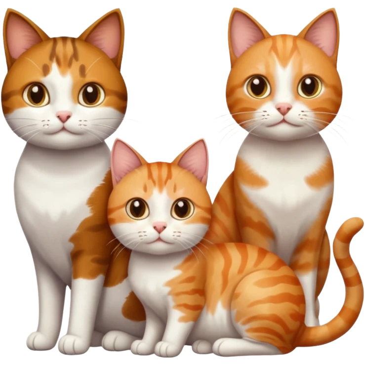 3 cats different colours including brown tabby and white, light patchy calico, and ginger and white emoji