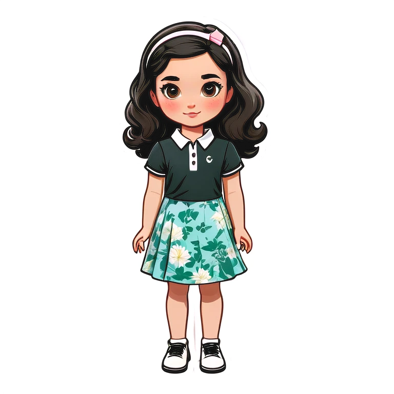  one  girl with short straight black hair and pale skin with golf clothes on, one American girl with long curly dirty blond hair and a floral dress on.   emoji