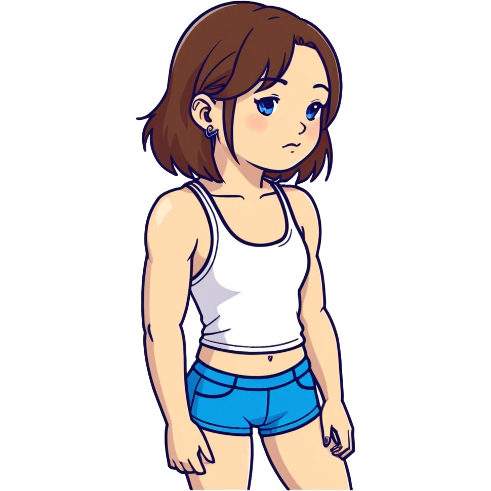 white girl with brown hair, septum piercing, nose piercings, black tank top, blue booty shorts, thin build, defined jaw emoji