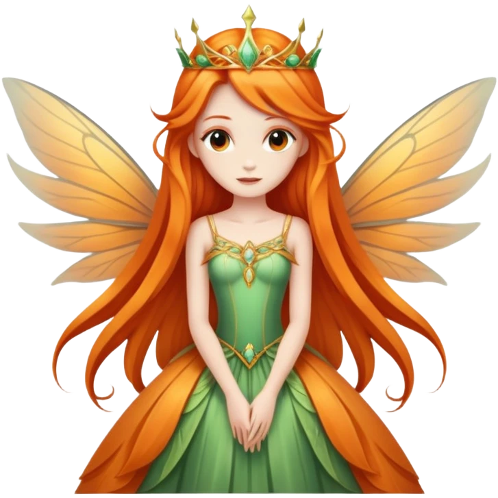 Fairy Queen with long orange hair and beautiful wings and beautiful dress emoji