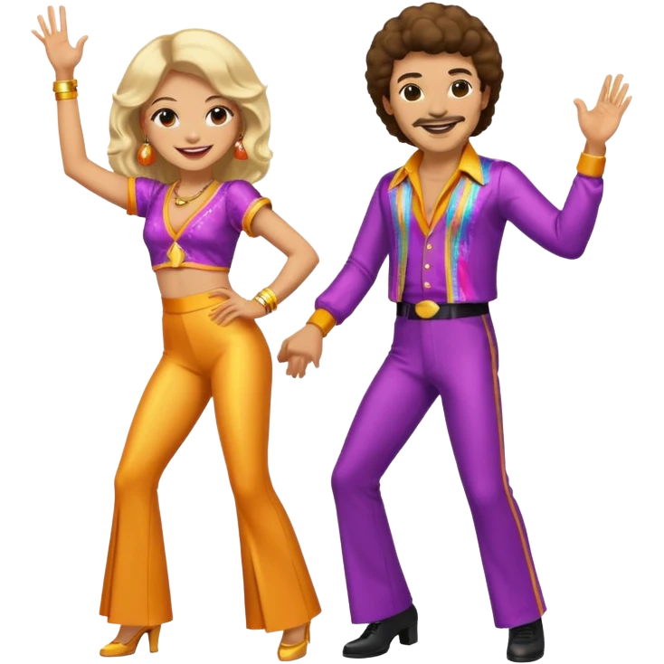 hombre y mujer bailando con ropa de disco de los 70s emoji