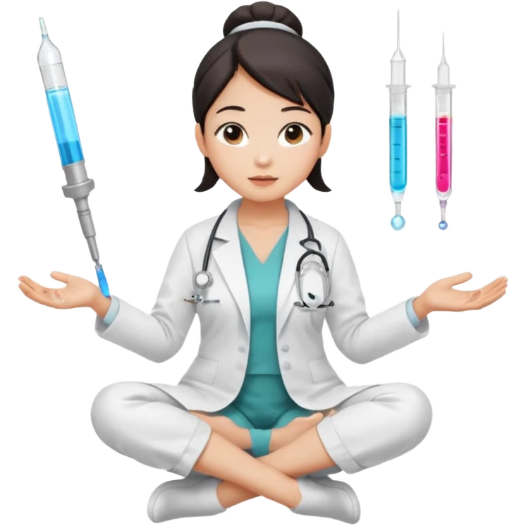 emoji of an asian woman with a single bun in a white lab coat sitting cross legged with micropipettes levitating in an arc around her head, the tips should be pointing away from her and she should not be wearing a steth escope emoji