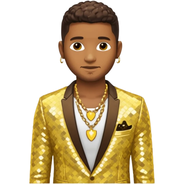 Usher with dark brown, butter yellow sequin suit jacket, shirtless with necklace emoji