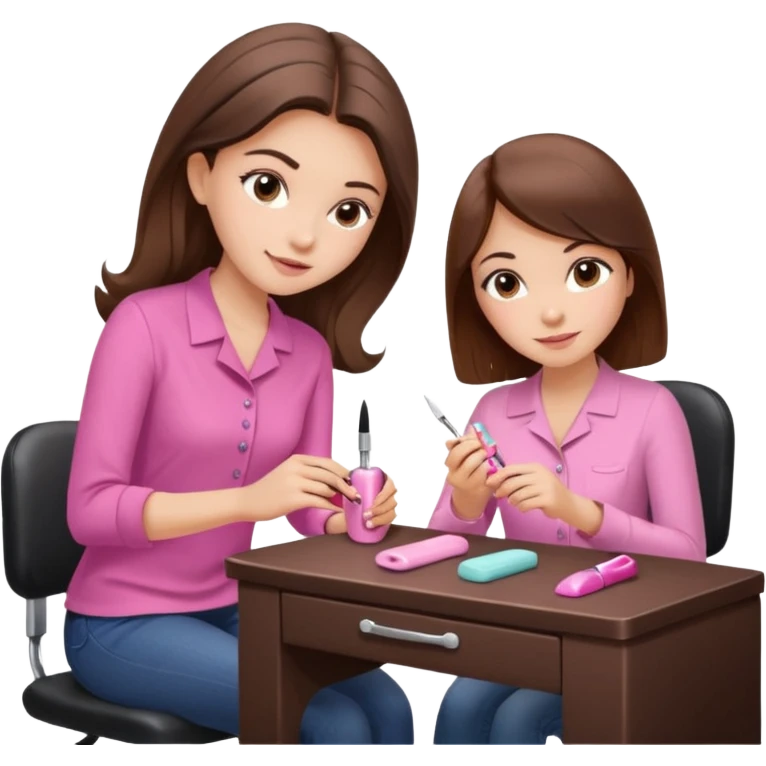 A realistic illustration of a girl with medium-length thick brown hair sitting at a manicure table. Another girl is carefully doing her nails, using professional manicure tools. Soft natural lighting, clean salon environment, detailed hands and nail work, warm and pleasant atmosphere. emoji