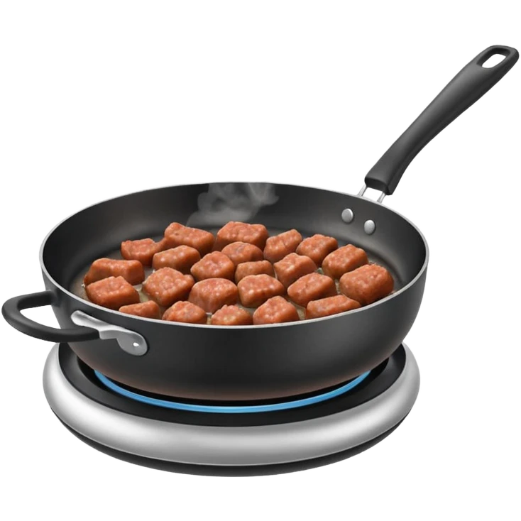 A 3D cartoon frying pan with minced meat being cooked, slight steam, realistic texture, Memoji-style. emoji