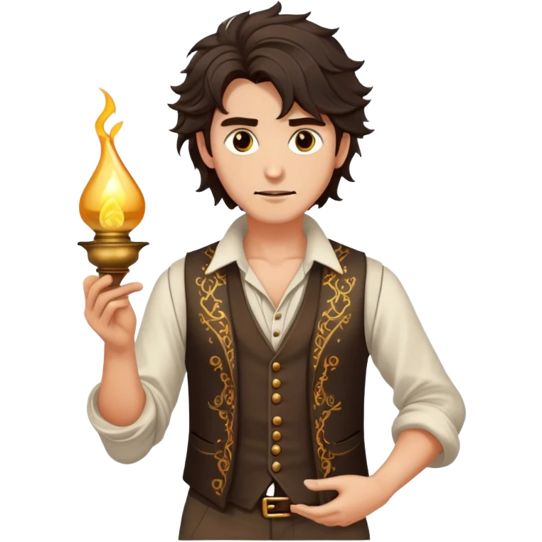 Cinematic Realistic Aladdin Portrait, depicted with lifelike, warm skin textures and a confident yet approachable gaze. His dark, wind-tousled hair frames expressive eyes full of adventure and kindness. Dressed in his iconic vest and loose trousers with intricate detailing, he holds a subtle glimmer of a magic lamp, all rendered under soft natural lighting with a radiant glow that captures his resourceful spirit. emoji