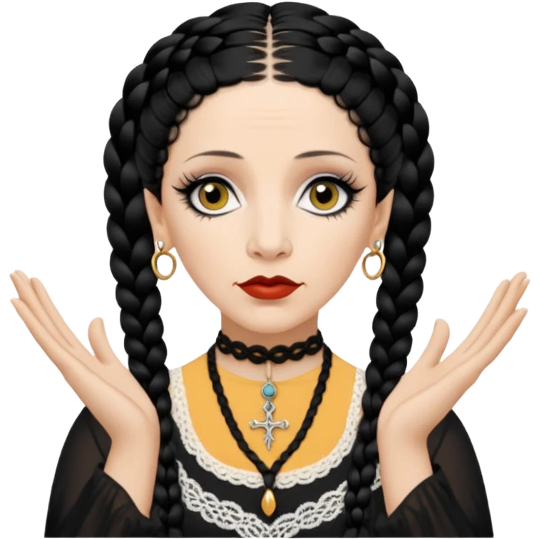 Lene Lovich as seen on the Stateless album cover with a typical symmetrical pose with her hands, lots of lace and braided hair emoji