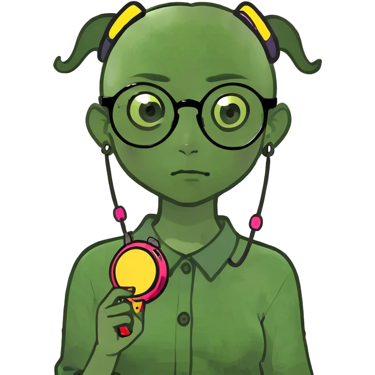 create a half Japanese girlie with glasses holding buzzers and part of her head shaved. She has concepts of a psychotic break. emoji