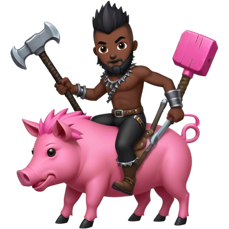 an african man with a black mohawk (not spiky) and a beard, the man has a big hammer weapon and rides a pink hog emoji