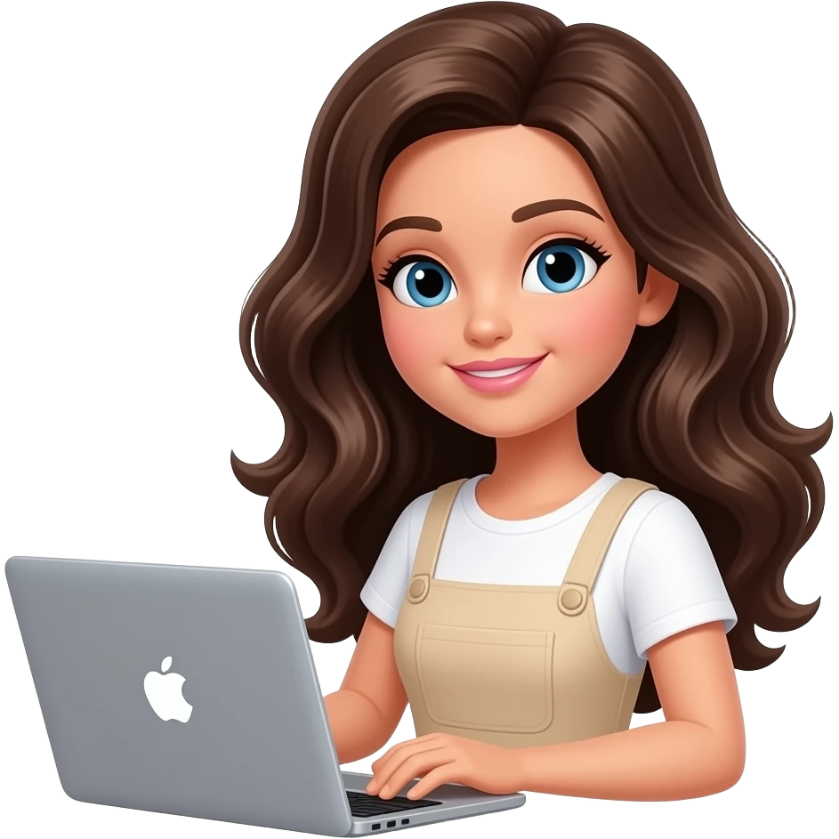 barbie girl with dark brown wavy hair in white and beige clothes is working with grey macbook emoji
