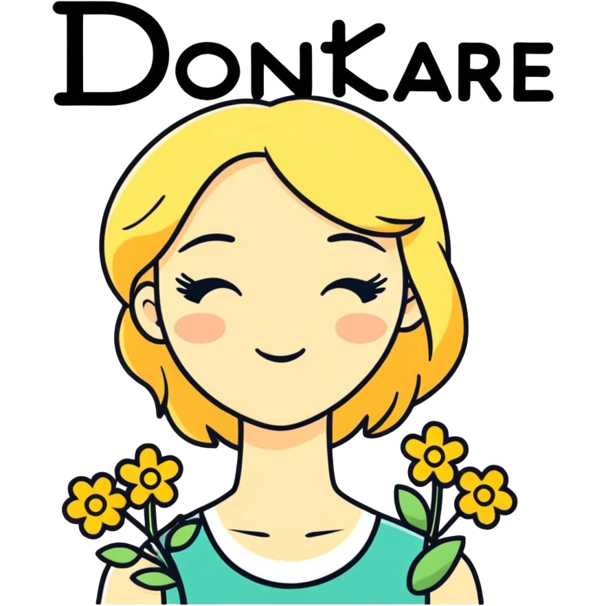 A blonde girl with flowers and the phrase:  "I don't care." emoji