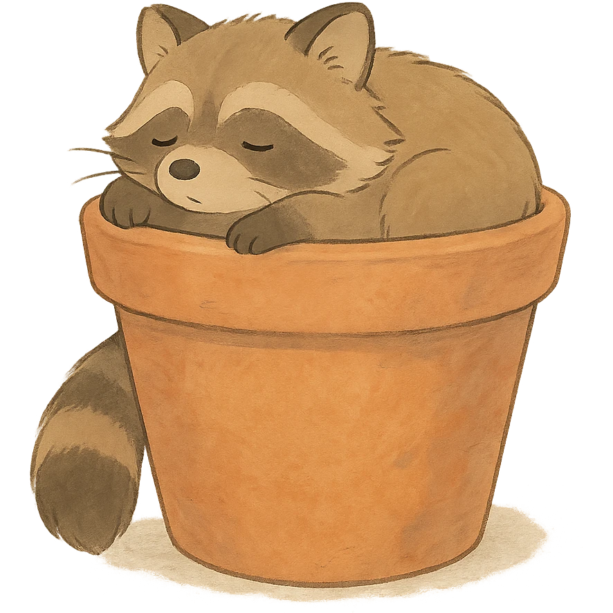 sleepy raccoon inside a flower pot, pastel earthy colors, soft Ghibli style emoji