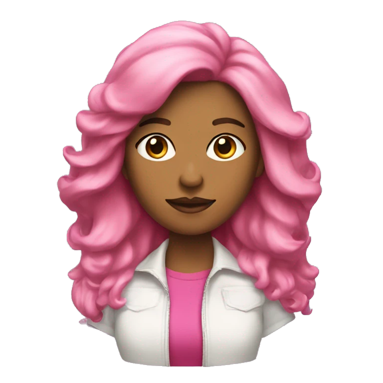 Una mujer de pelo moreno con mechas y una ropa rosa emoji