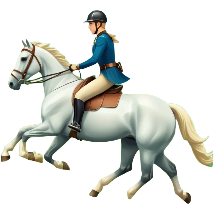 An icon featuring a horse and rider galloping gracefully over a lush green field. The rider is in full gear, guiding the horse with precision. The background shows rolling hills, a clear blue sky, and vibrant sunlight illuminating the scene. Transparent background highlights the elegance emoji