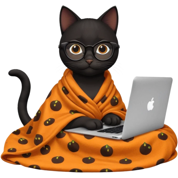 A black female cat working on a MacBook, with long, black straight lashes, round glasses and she wears a blanket with an orange fruit pattern emoji