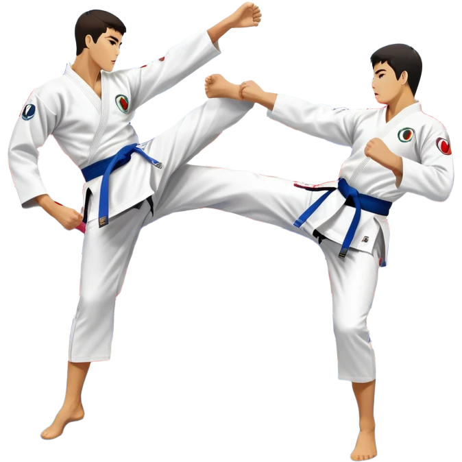 Two taekwondo fighters in a competition arena, one performing a high spinning kick towards the opponent’s head, while the other blocks with a precise guard. The background features a dynamic, bright arena with flags, emphasizing speed and agility in the martial art. Transparent background  emoji