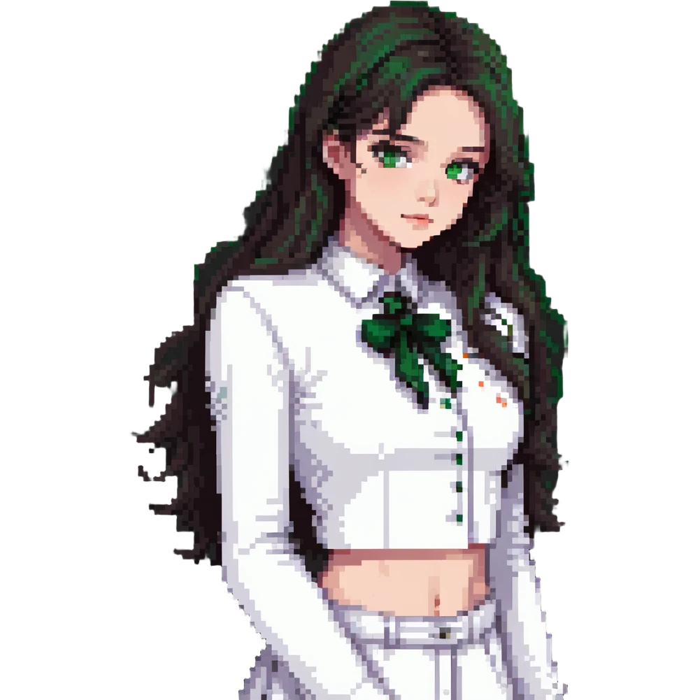 menina bonita, cabelo escuro, pele clara, olhos verdes, roupa branca estilosa emoji