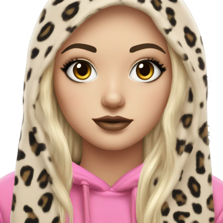 Hyperrealistic white girl with long black hair with a pink fringe and has eye makeup on, she is wearing a black and leopard print hoodie  emoji