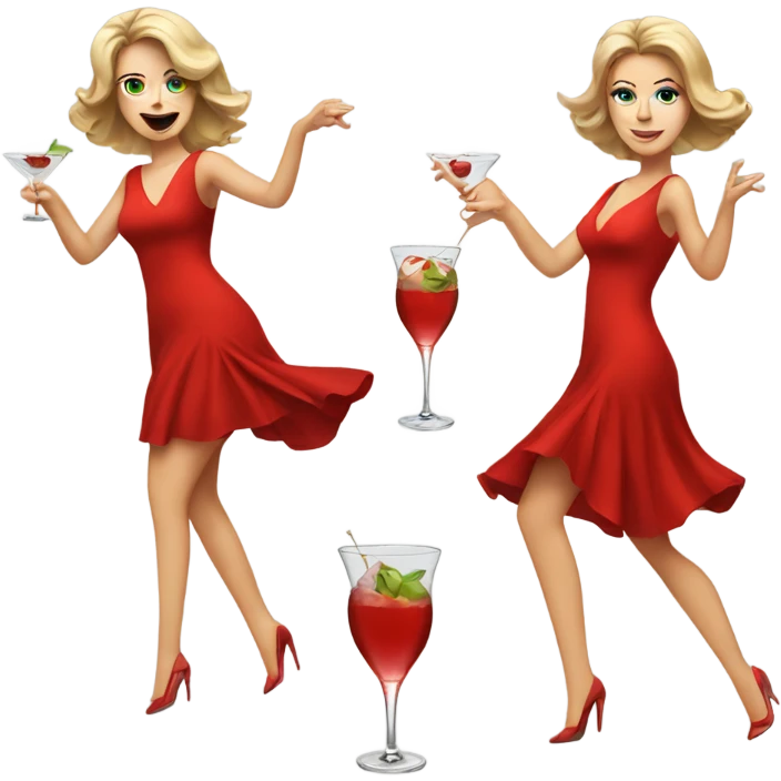 white woman red dress dancing with martini emoji